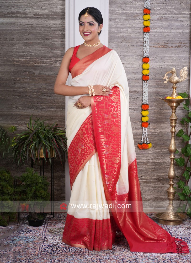 Beautiful Traditional Puja Special Soft Lichi Silk White Saree