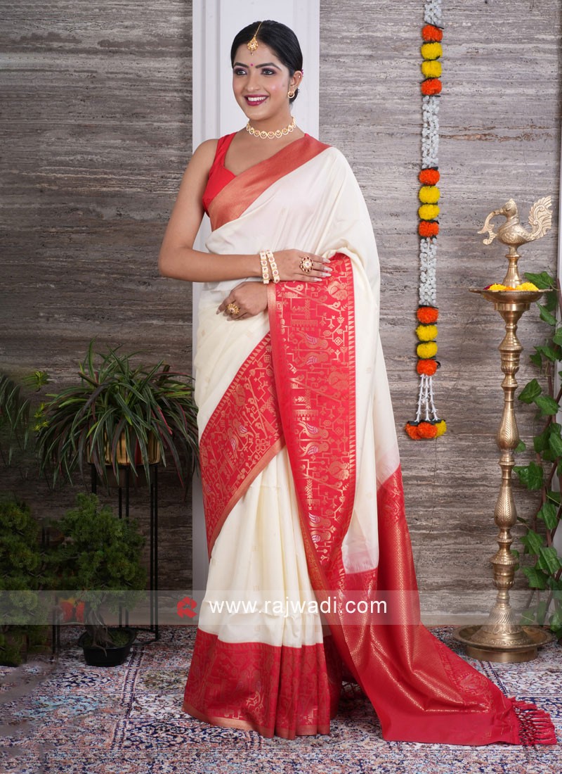 Cream Color Organza Embroidered Saree