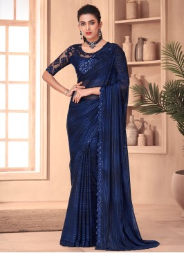 Navy Blue Shimmering Sequins Embellished Silk Saree