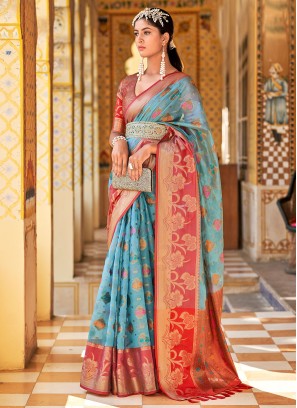 Firozi and Red Tissue Silk Weaving Classic Saree