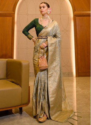 Dark Grey Chiffon Silk Saree with Designer Blouse