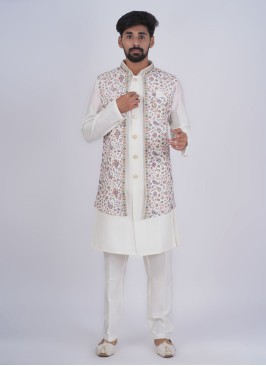 Silk Wedding Wear Cream Nehru Jacket Set