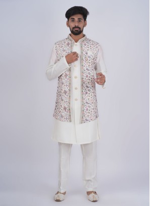 Silk Wedding Wear Cream Nehru Jacket Set