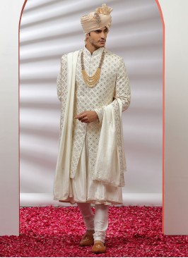 Silk Wedding Wear Embroidered Off White Sherwani