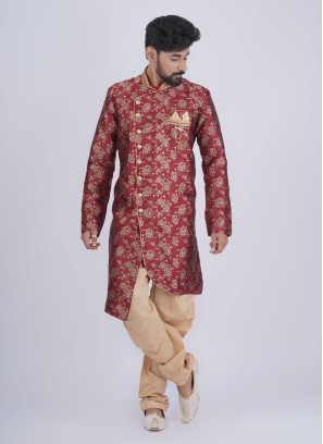 Silk Wedding Wear Indowestern In Red