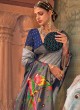 Grey & Dark Blue Silk Woven Contemporary Saree