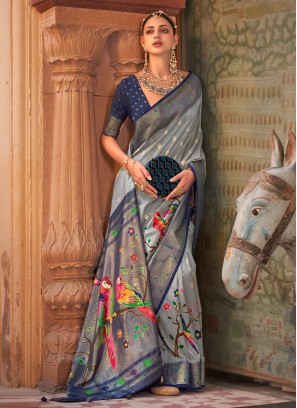 Grey & Dark Blue Silk Woven Contemporary Saree