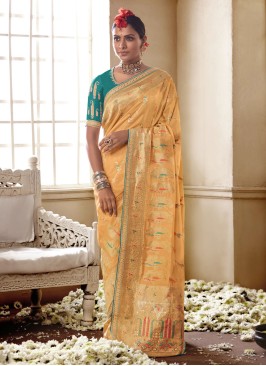 Pretty Light Orange Silk Woven Saree