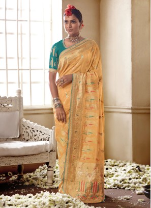 Pretty Light Orange Silk Woven Saree