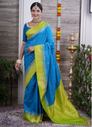 Silk Zari Weaving Blue Contemporary Saree