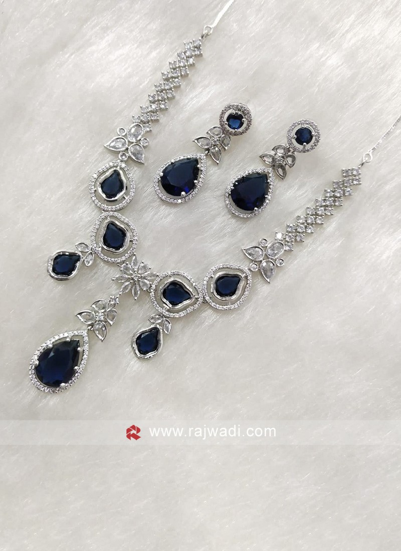 Dark Blue Polki Pearl Long Necklace Set