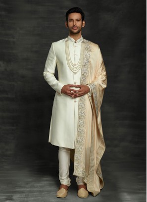 Simple And Sober Sherwani In Cream Color