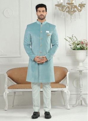 Simple Cotton Silk Indowestern In Firozi Color