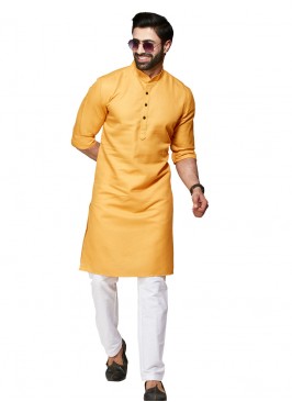 Simple Cotton Silk Kurta Pajama In Yellow Color