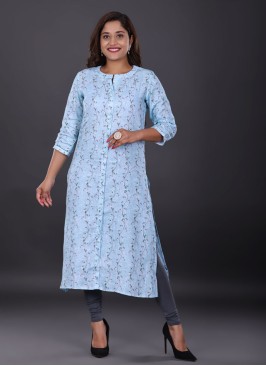 Simple Flower Print Kurti In Sky Blue Color