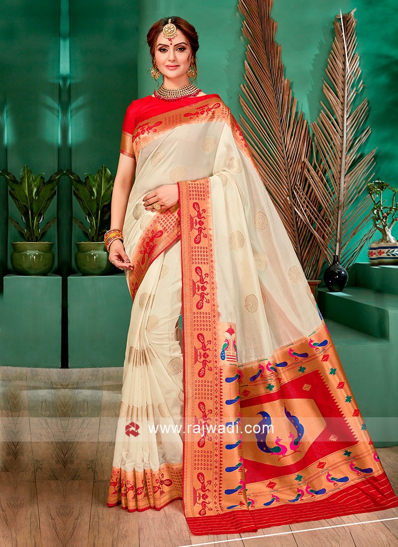 Simple Off White Color Banarasi Silk Saree