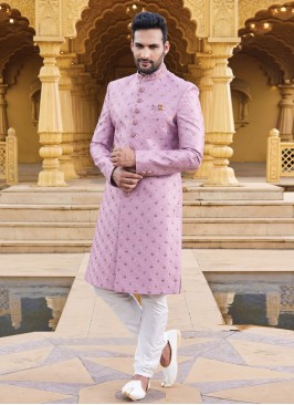 Simple Onion Pink Embroidered Wedding Wear Sherwani