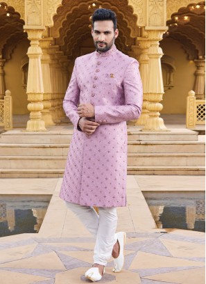 Simple Onion Pink Embroidered Wedding Wear Sherwani