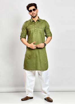 Simple Pathani Set In Mehndi Green Color