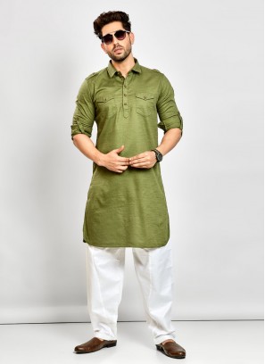 Simple Pathani Set In Mehndi Green Color