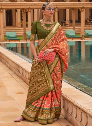 Peach and Mehndi Patola Silk Designer Saree