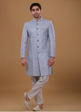 Sky Blue And Off White Thread Men's Indowestern Set