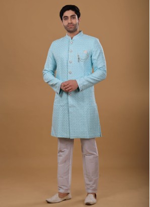 Sky Blue Art Silk Indowestern For Wedding