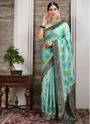 Sky Blue Banarasi Silk Saree For Wedding Function