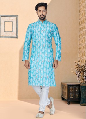 Sky Blue Cotton Silk Digital Printed Kurta Pajama