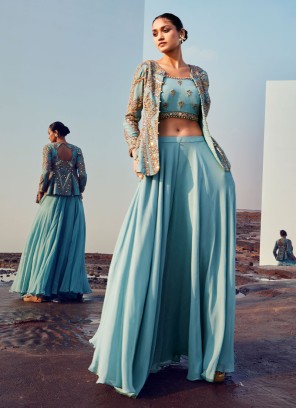 Sky Blue Georgette Indowestern Palazzo Suit with Jacket