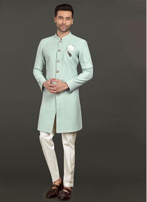 Sky Blue Indowestern In Cotton Silk