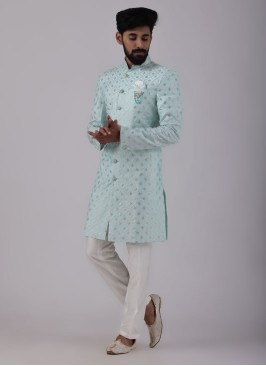 Sky Blue Indowestern Set With Embroidered Work
