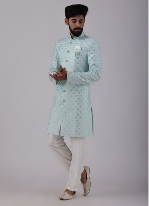 Sky Blue Indowestern Set With Embroidered Work