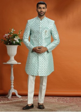 Sky Blue Indowestern Set With Sequins Embroidery