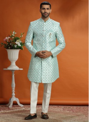 Sky Blue Indowestern Set With Sequins Embroidery