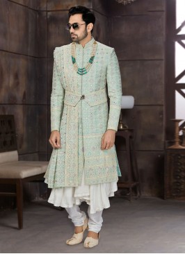 Sky Blue Lucknowi Work Sherwani For Marriage