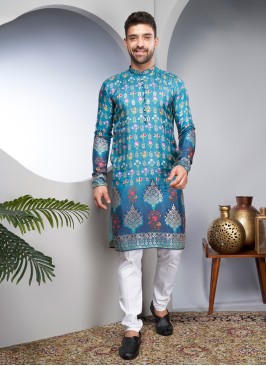 Sky Blue Printed Cotton Silk Kurta Set