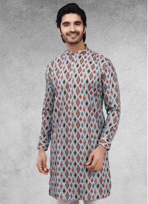 Sky Blue Printed Kurta For Men