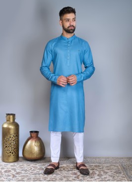 Sky Blue Readymade Kurta Pajama In Cotton Silk