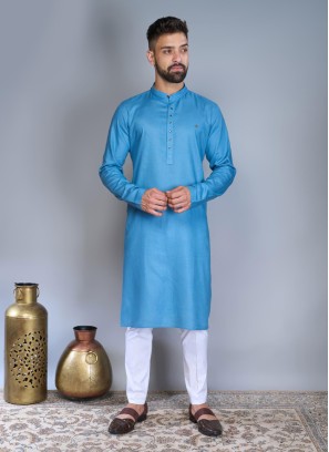 Sky Blue Readymade Kurta Pajama In Cotton Silk