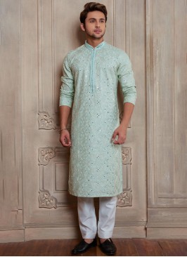 Sky Blue Silk Kurta Pajama With Mirror Embroidered Work