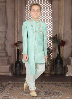 Sky Blue Thread Embroidered Sherwani Set