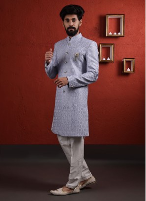 Sky Blue Thread Work Indowestern For Wedding Wear