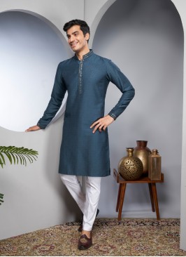 Slub Silk Peacock Blue Kurta Pajama