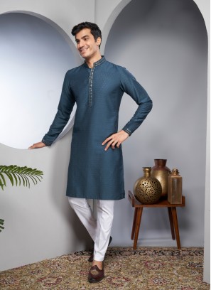 Slub Silk Peacock Blue Kurta Pajama