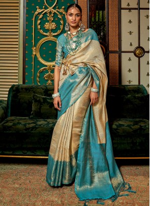Shimmering Blue and Beige Weaving Silk Saree