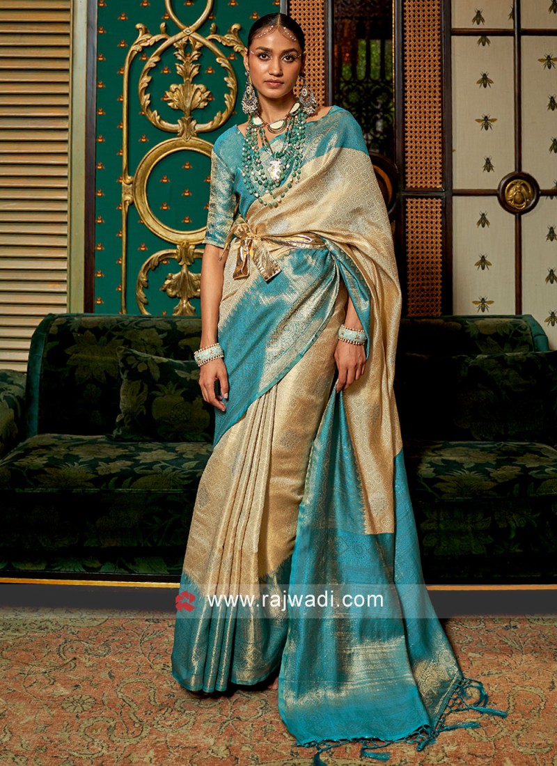 Shimmering Blue and Beige Weaving Silk Saree