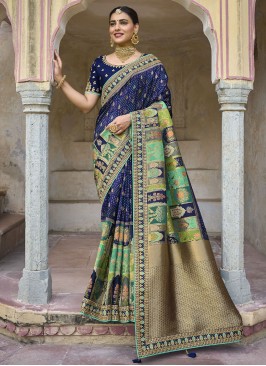 Blue Silk Designer Saree with Zari Pallu