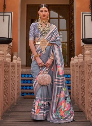 Grey Floral Printed Festive Silk Saree