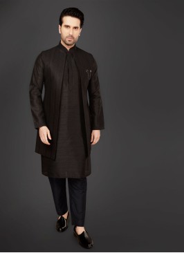 Solid Black Thread Work Nehru Jacket Set